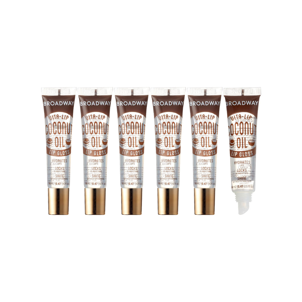 Ruby Kisses Broadway Vita-Lip gloss bottle shows a high-shine finish for daily lips.