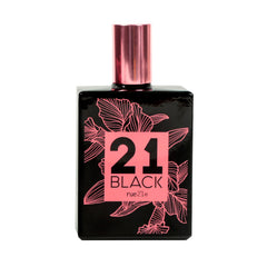 Rue 21 21 Black perfume bottle closeup highlighting tropical amber gourmand vibe