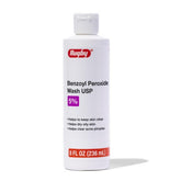 Rugby Laboratories benzoyl peroxide wash 5% bottle helps clear acne-prone skin.