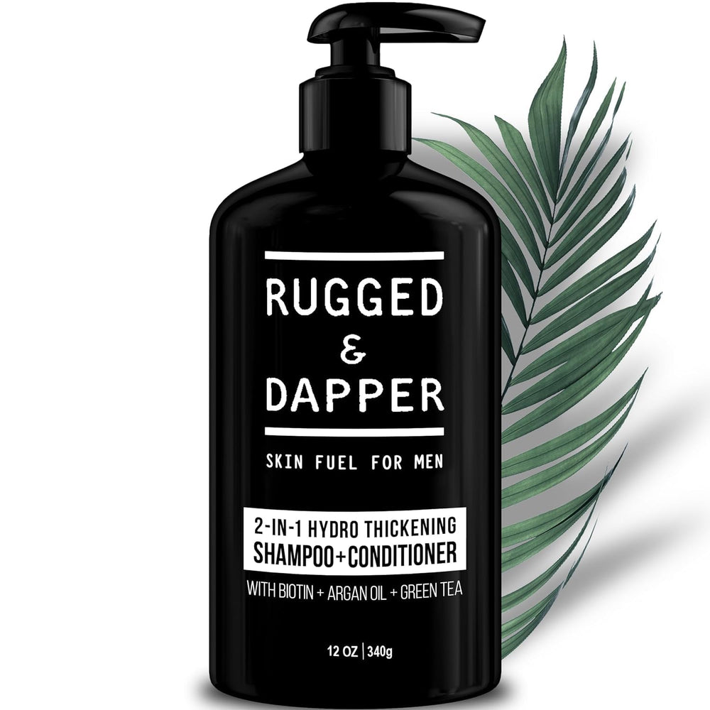 RUGGED & DAPPER 2in1 shampoo bottle for a simple daily hair-thickening routine.