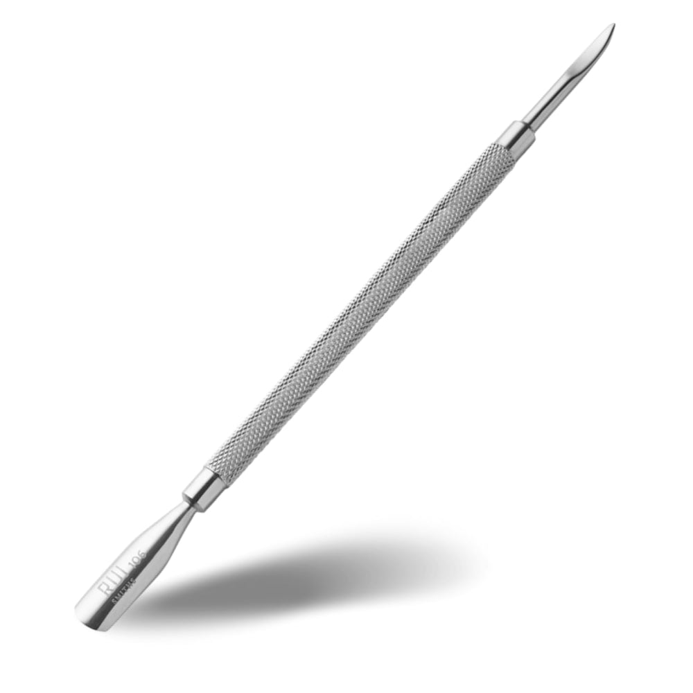 Rui Smiths Pro Cuticle Pusher ends close-up, showing pencil and spatula tips for precise prep