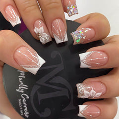 RUOKEXIN square press-on nails white French tip glitter package for quick at-home manicures