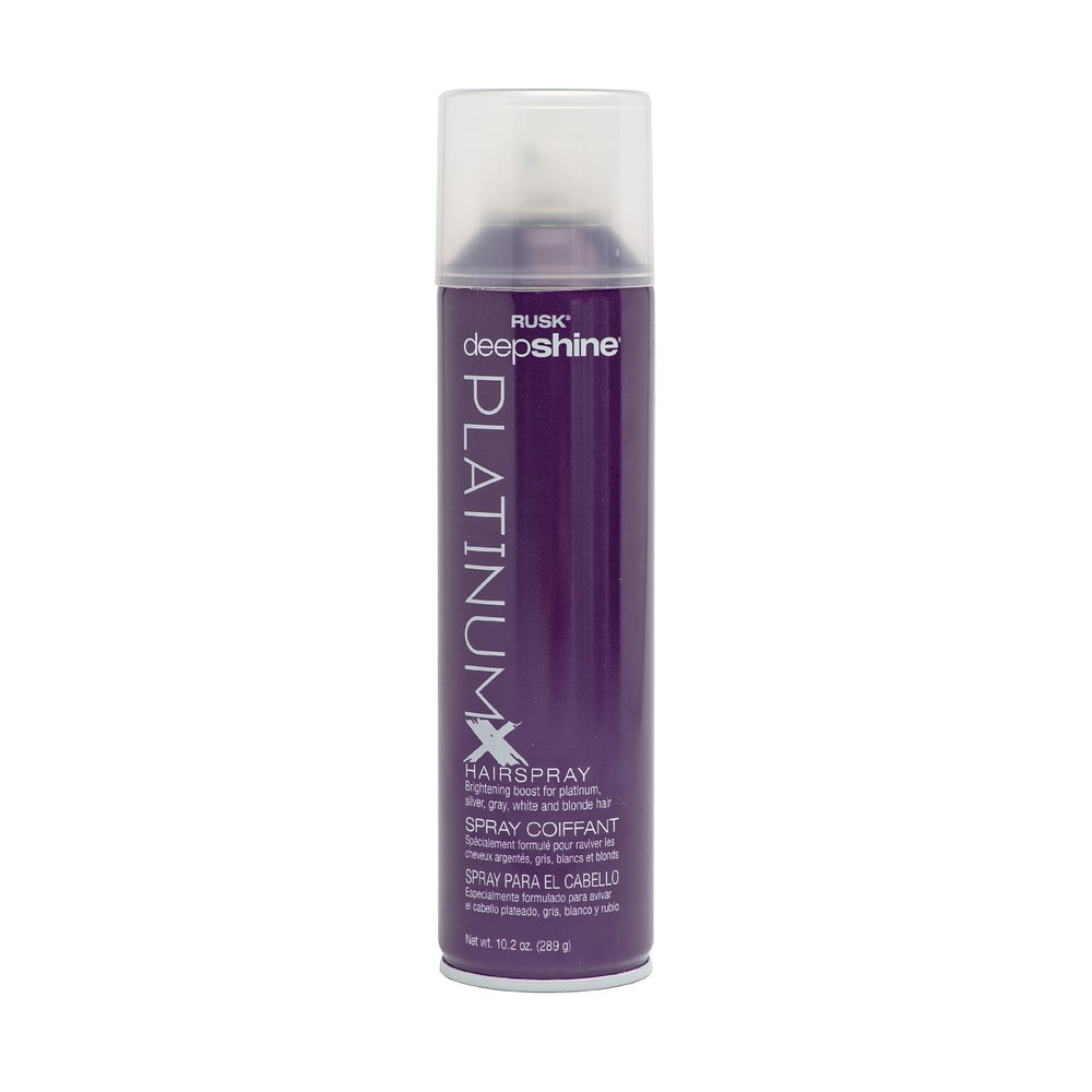 RUSK Deepshine PlatinumX hairspray bottle provides fast-drying finish and humidity resistance.