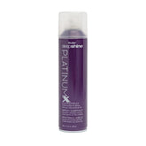 RUSK Deepshine PlatinumX hairspray bottle provides fast-drying finish and humidity resistance.