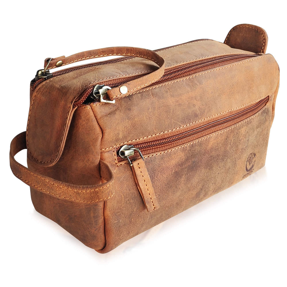 Rustic Town buffalo leather toiletry bag front view shows premium craftsmanship