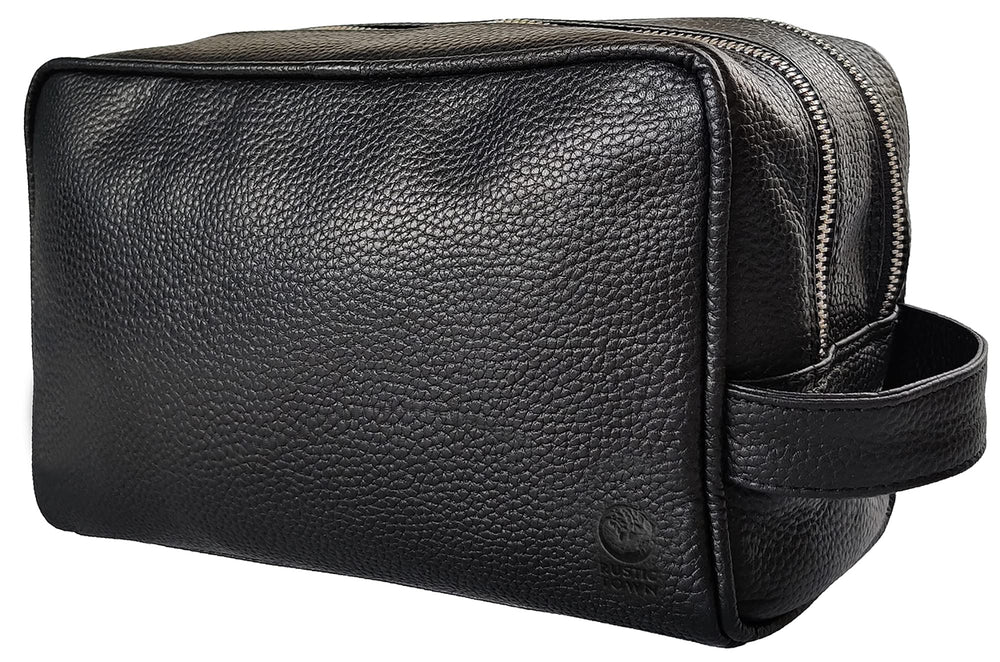 RUSTIC TOWN full-grain buffalo leather toiletry bag closed demonstrates durable organization on the go.