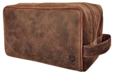 RUSTIC TOWN full-grain leather travel toiletry bag cover highlights durable exterior and patina development