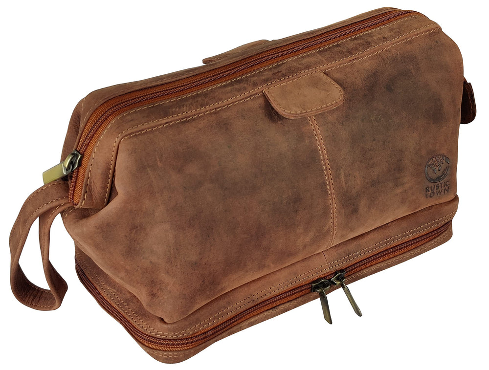 Rustic Town leather toiletry bag top-compartment keeps shaving gear organized for travel.