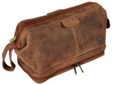 Rustic Town leather toiletry bag top-compartment keeps shaving gear organized for travel.