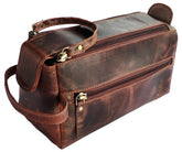 RUSTIC TOWN leather toiletry bag walnut brown main compartment keeps essentials organized on the go.
