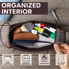 RUSTIC TOWN leather toiletry bag walnut brown sturdy zippers endure frequent travel.