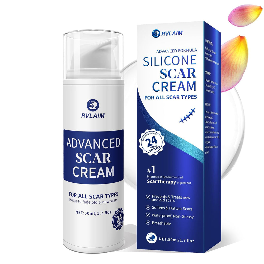 Rvlaim scar cream packaging showcases a sleek 1.7 oz tube for easy bedside use