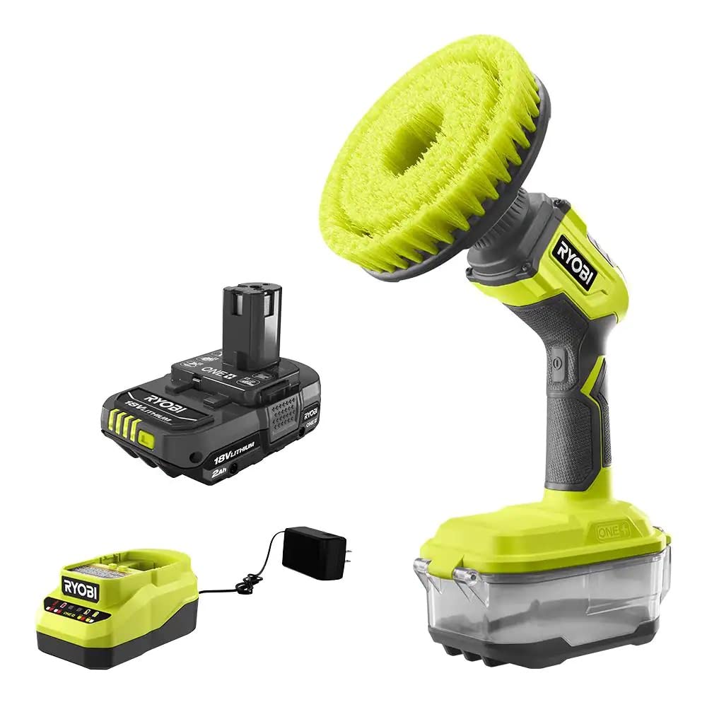 RYOBI ONE+ scrubber battery and charger kit for convenient cordless cleaning setup.