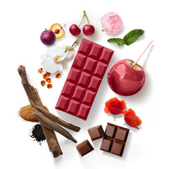 Sabrina Carpenter Sweet Tooth Cherry Baby closer shot emphasizes chocolaty notes and red poppy heart.