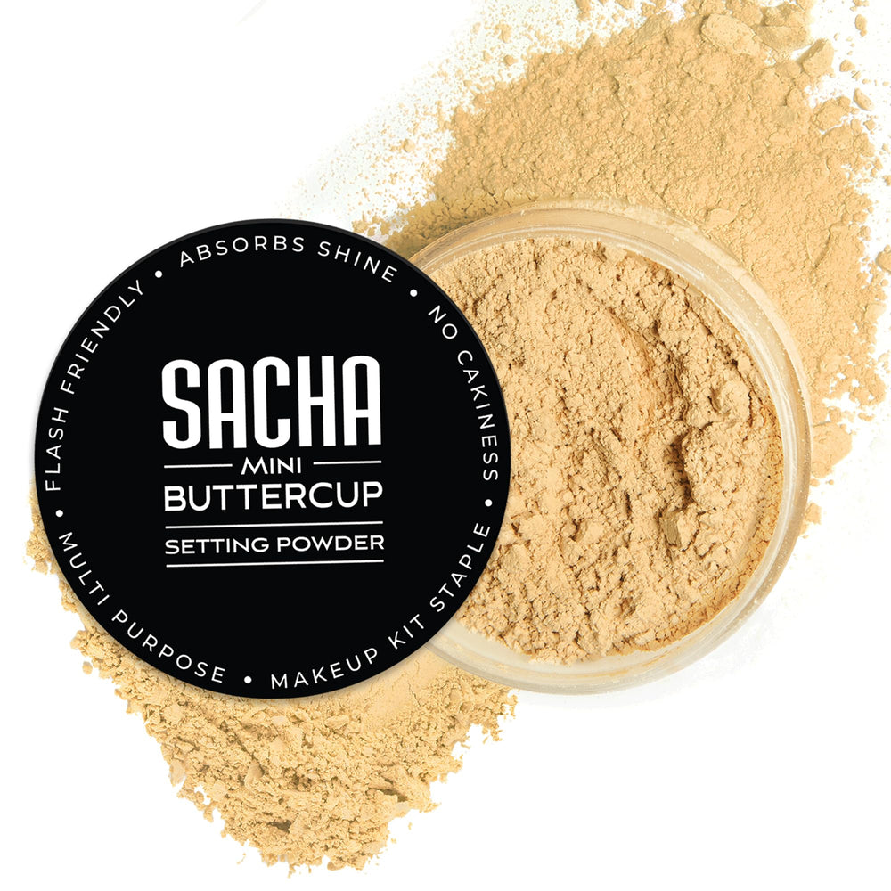 Sacha Buttercup Mini Setting Powder compact ready for photos with a silky finish.