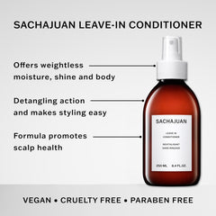 SACHAJUAN Leave-In Conditioner being sprayed onto towel-dried hair for easy styling.