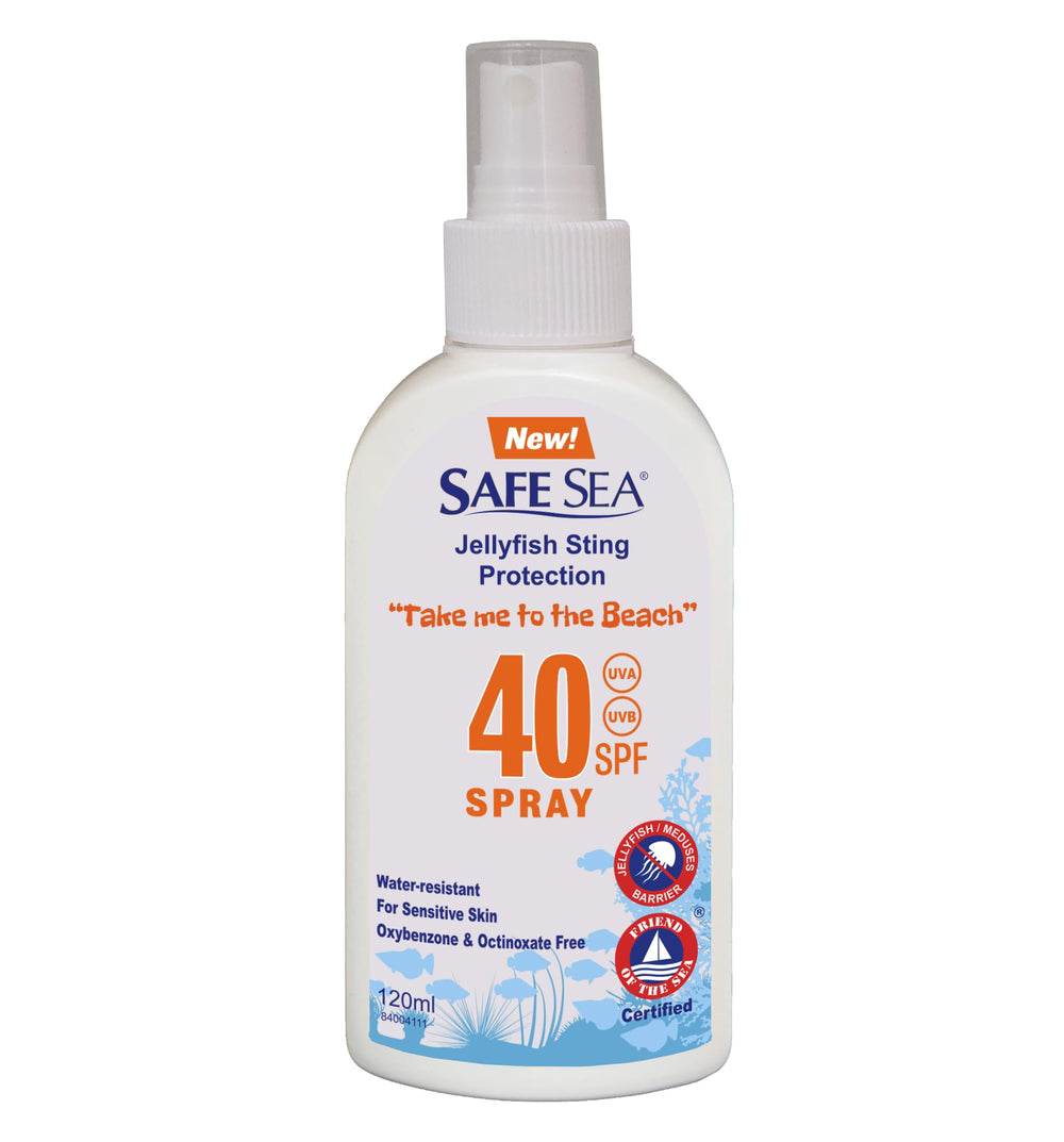 Safe Sea jellyfish sting-blocking sunscreen bottle ready for beach protection