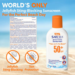 Safe Sea sunscreen bottle back view emphasizing reef-safe packaging for ocean-friendly use