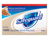 Safeguard antibacterial bath bar 4-pack on shelf offers germ reduction for family hygiene.