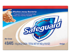 Safeguard antibacterial bath bar 4-pack on shelf offers germ reduction for family hygiene.