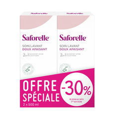 Saforelle Gentle Cleansing Care bottle back shows usage notes for soothing daily comfort.