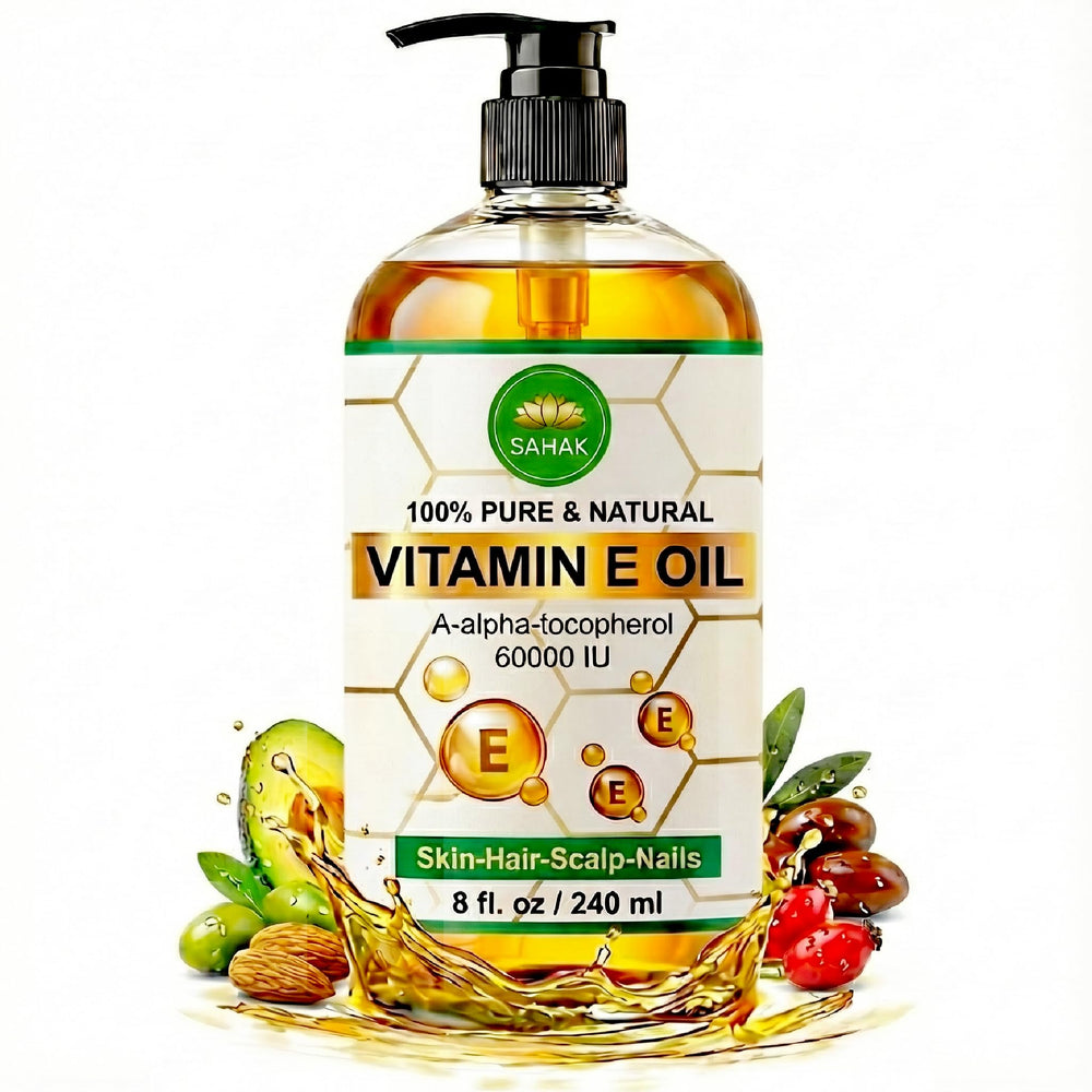 SAHAK Vitamin E Oil bottle close-up showing deep skin hydration