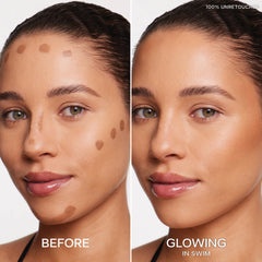 Saie Dew Bronze swatch on cheek shows natural sun-kissed color