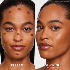 Saie Dew Bronze swatch on cheek for natural sun-kissed glow.