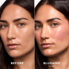Saie Dew Liquid Blush closeup-texture highlights creamy, hydrating formula for smooth skin.