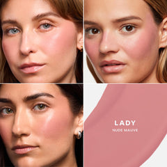 Saie Dew Liquid Blush swirl-blend-on-cheeks creates a seamless, buildable glow.
