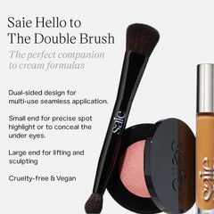 Saie The Double Brush dual-ended design closeup enables seamless powder and cream application.