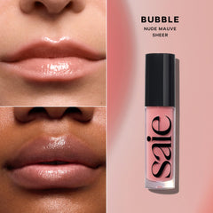 Lip swatch of GlossyBounce showing sheer color with juicy finish.