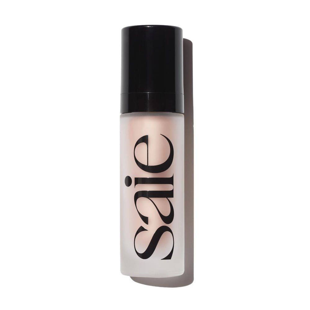 Saie Glowy Super Gel bottle pump delivers hydrating glow for dewy skin.