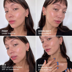 Saie Mini Glowy Super Gel on cheek achieves glass-skin glow.