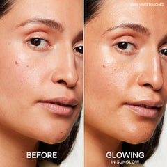 Saie Mini Glowy Super Gel swirled with foundation suggests versatile mixing for luminous coverage.