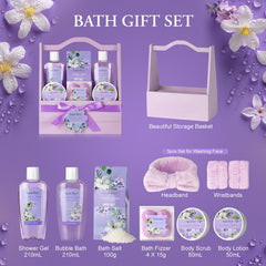 Saint Roy bath gift basket contents close-up showcasing diverse spa items.