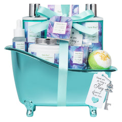 Saint Roy Eucalyptus Mint bath basket front view—lavish spa gift idea