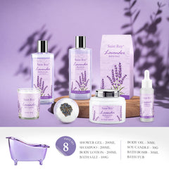 Saint Roy lavender bath set display with shower gel and lotion for complete skin pampering