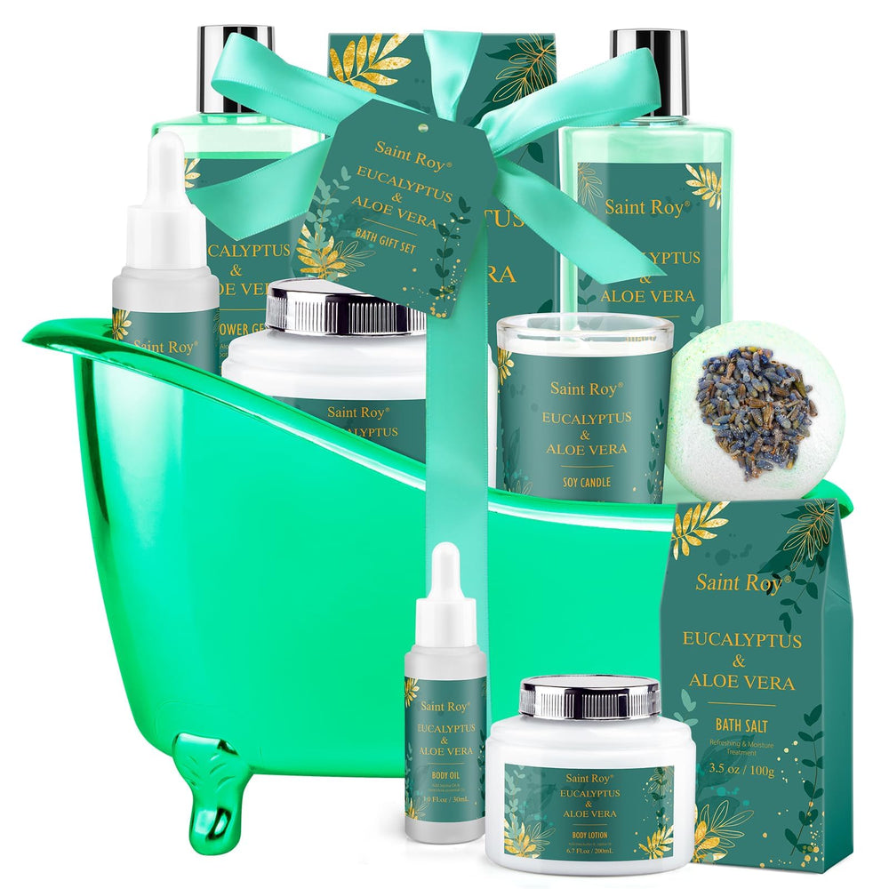 Saint Roy spa gift basket in tub container shows stylish storage for beauty essentials.