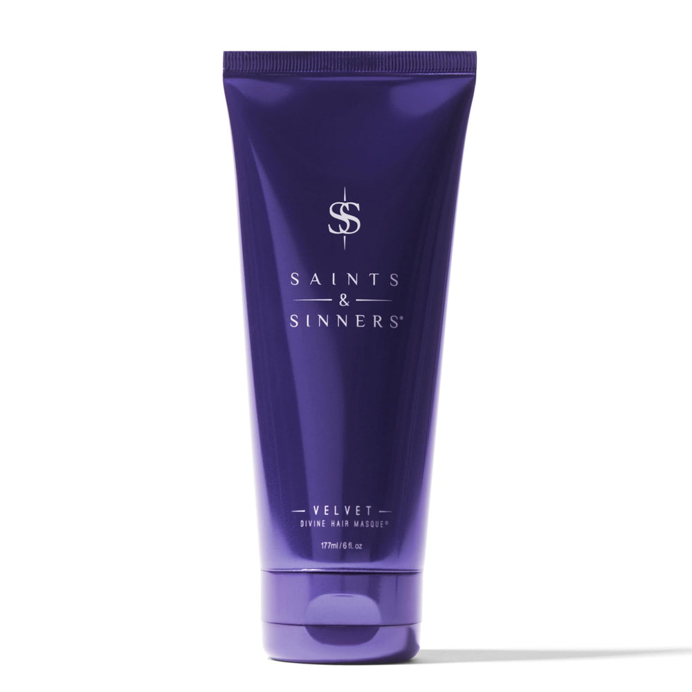 Saints & Sinners Velvet Divine Hair Masque jar showing deep conditioning for dry, damaged hair.