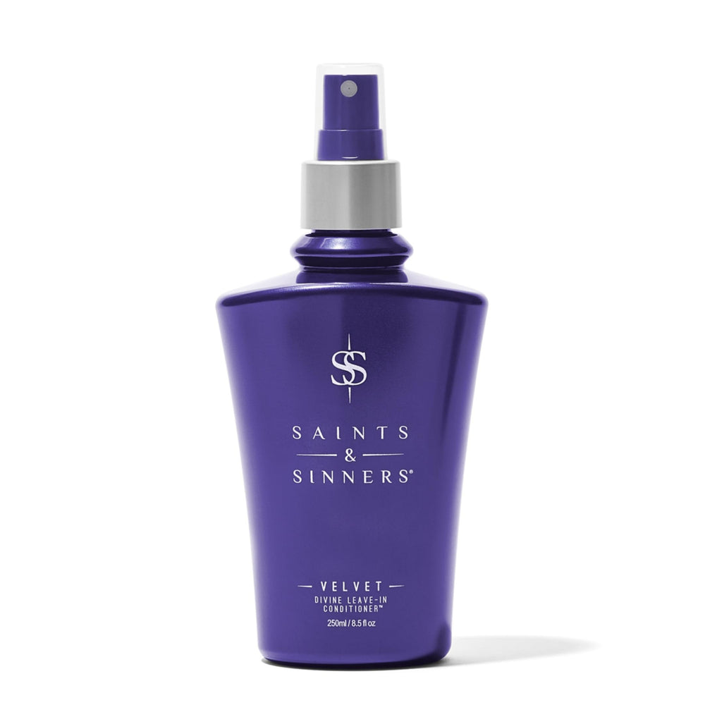 Saints & Sinners Velvet Divine leave-in bottle delivers lightweight hydration for frizz-prone hair.