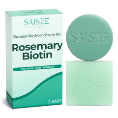 SAISZE rosemary-biotin bar packshot shows solid hair care in eco-friendly packaging.