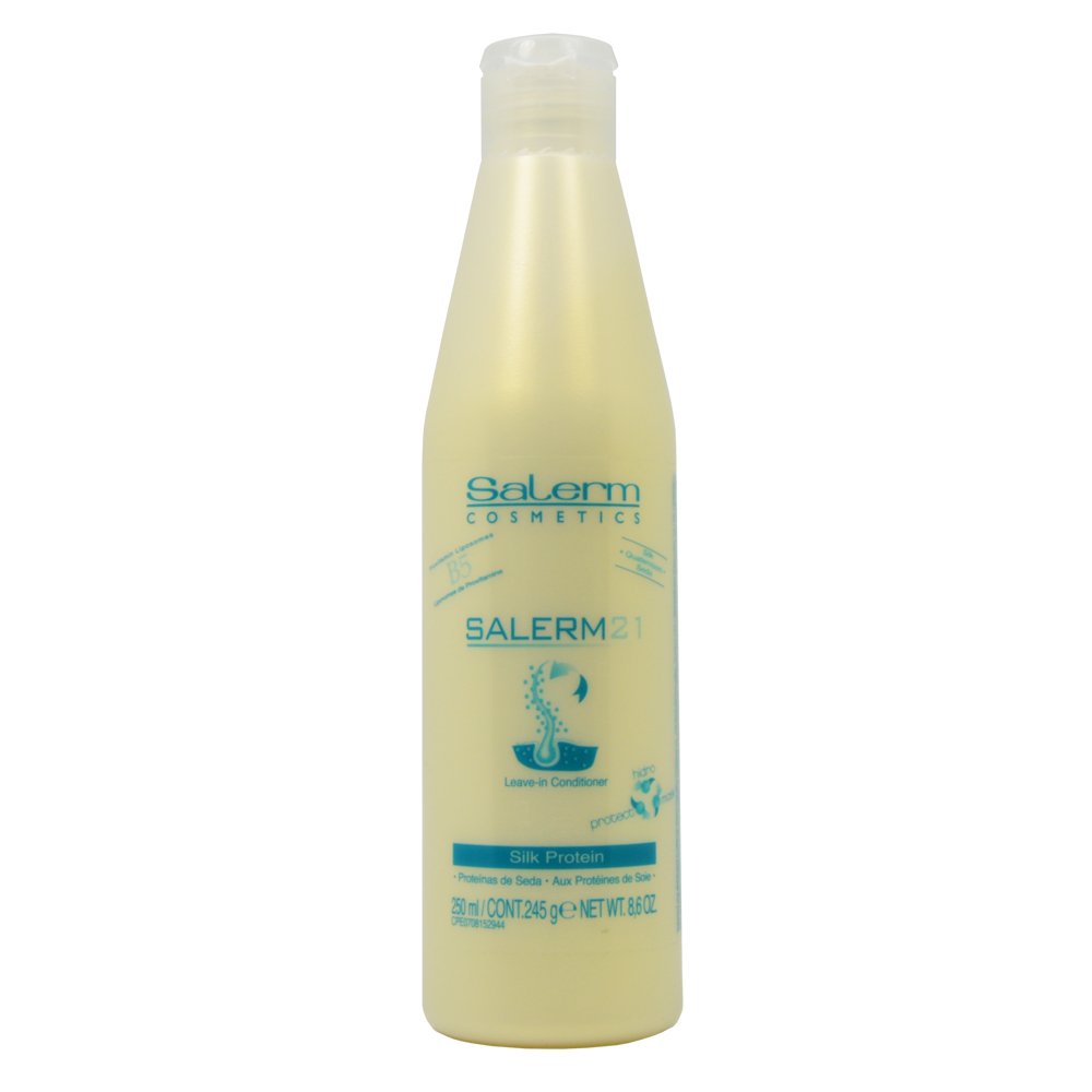 Salerm 21 Leave-In Conditioner bottle closeup highlighting moisture and shine for hair