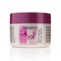 SALERM Hi Repair Mask 02 bottle close-up illustrating deep hydration for damaged hair.