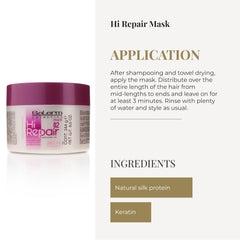 SALERM Hi Repair Mask 02 hair gloss shot shows increased shine and softness.