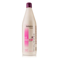 SALERM Hi Repair Shampoo bottle pour demonstrates quick nourishment for damaged hair