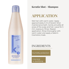SALERM Keratin Shot hair pre-treatment image shows cleansing action preparing hair