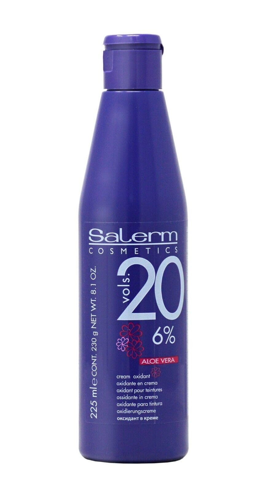 Salerm Aloe Cream Developer 20 bottle showcases professional formula and Aloe Vera benefits.