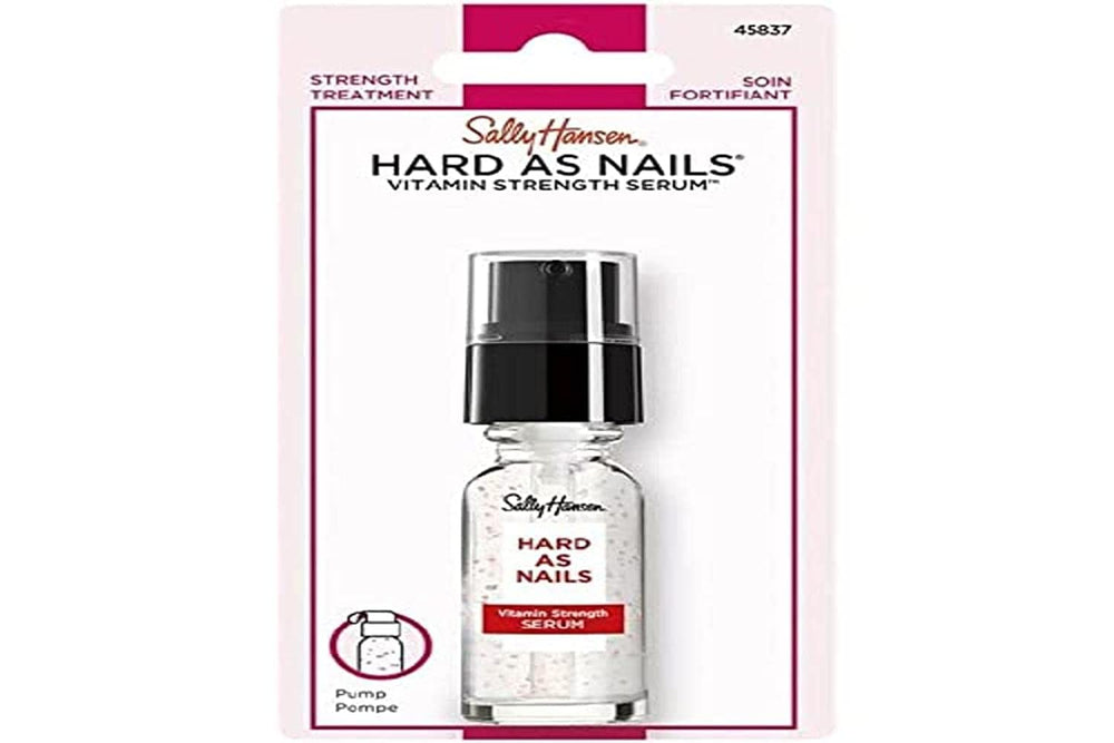 Sally Hansen Hard As Nails Serum bottle shows vitamin-powered conditioning for nails.