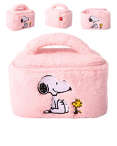SALLY ROSE Peanuts Snoopy pink makeup bag front view with plush design, ideal for stylish storage.